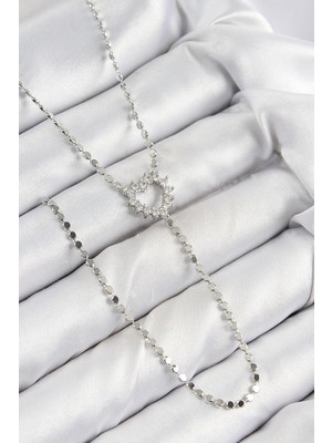 Inure Jewelry Pirinç Zirkon Taşlı Ezme Zincirli Kalp Model Gümüş Renk Y Kolye