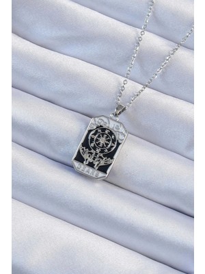Inure Jewelry 316L Çelik Zincir Gümüş Renk İşlemeli Siyah Mineli Tarot Kolye