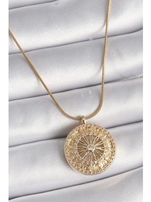 Inure Jewelry 316L Çelik Gold Renk Zirkon Taşlı 12 Burç Madalyon Model Kadın Kolye