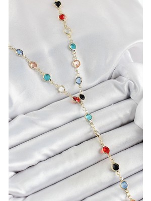 Inure Jewelry Pirinç Asorti Model Gold Renk Zirkon Taşlı Y Kolye