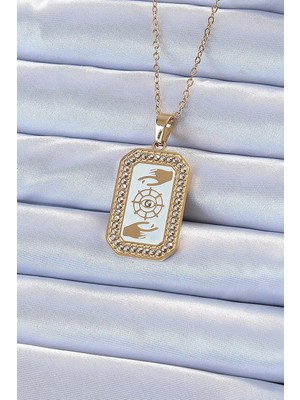 Inure Jewelry 316L Çelik Zincir Altın Renk Mineli Zirkon Taşlı Göz Figür Tarot Kolye