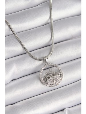 Inure Jewelry 316L Çelik Gümüş Renk İtalyan Zincir Zirkon Taşlı Göz Model Kadın Kolye