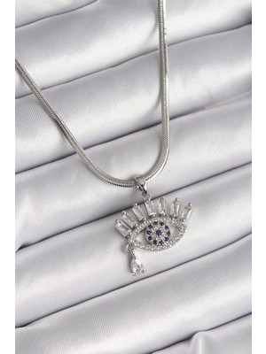 Inure Jewelry 316L Çelik Gümüş Renk İtalyan Zincir Zirkon Taşlı Göz Model Kadın Kolye