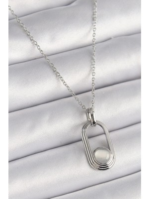 Inure Jewelry 316L Çelik Gümüş Renk Zincir Beyaz Kedi Göz Model Kadın Kolye