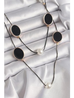 Inure Jewelry Pirinç Siyah Renk Zincir İnci Detaylı Çoklu Kadın Kolye