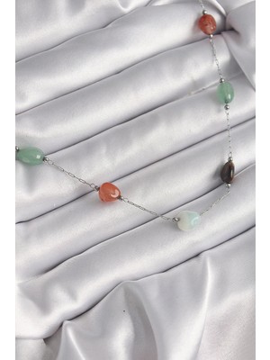 Inure Jewelry 316L Çelik Gümüş Renk Zincir Renkli Doğaltaş Model Kadın Kolye