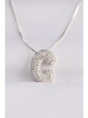 Inure Jewelry 316L Çelik Zincirli Zirkon Taşlı C Harfli Silver Renk Bubble Kolye