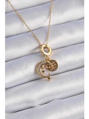 Inure Jewelry 316L Çelik Gold Renk Zirkon Taşlı Ay Yıldız  Model Charm Model Kadın Kolye