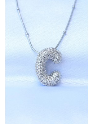 Inure Jewelry 316L Çelik Zincirli Zirkon Taşlı C Harfli Gümüş Renk Bubble Kolye