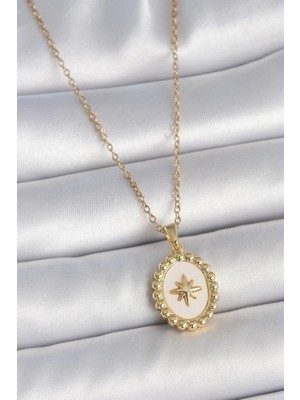 Inure Jewelry 316L Çelik Gold Renk Zincir Beyaz Mineli Kutup Yıldız İşlemeli Madalyon Model Kadın Kolye