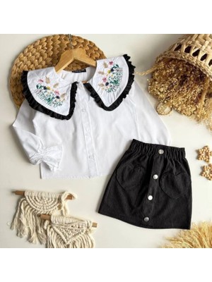 Kız Çocuk Pudra ve Siyah Çiçek Nakışlı Kadife Etekli Bayramlık Takım Elbise