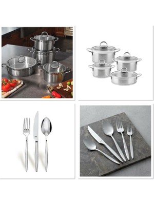 Tantitoni Hisar Çeyiz Seti Evlilik Paketi Orion Çelik Tencere Set ve 84 Parça Mercury Çatal Kaşık Bıçak Takımı