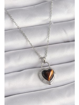 Inure Jewelry 316L Çelik Gümüş Renk Zincir Kilit Kalp Kehribar Boncuk Model Kadın Kolye