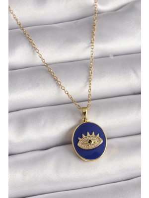 Inure Jewelry 316L Çelik Gold Renk Zincir Mavi Mineli Zirkon Taşlı Göz İşleme Kadın Kolye