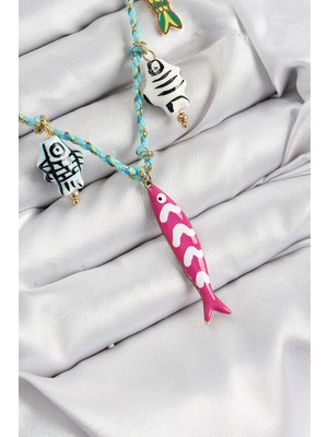 Inure Jewelry Seramik Motifli Pembe Balık Figürlü Model Mavi İp Kadın Kolye