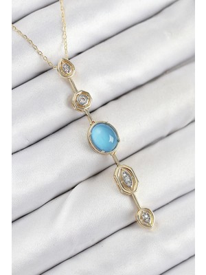 Inure Jewelry Pirinç Zincir Mavi Gold Renk Zirkon Taşlı Y Kolye