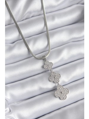 Inure Jewelry 316L Çelik Gümüş Renk İtalyan Zincir Zirkon Taşı Yonca Model Kadın Kolye