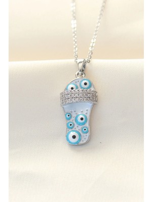 Inure Jewelry 316L Zinciri Çelik Zirkon Taşlı Gümüş Renk Nazar Boncuklu Terlik Kolye