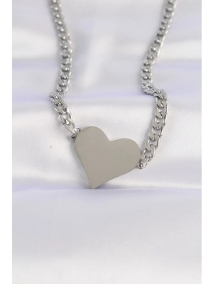 Inure Jewelry 316L Çelik Zincir Gümüş Renk Düz Plaka Kalp Kolye