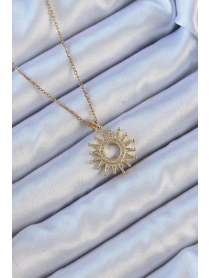 Inure Jewelry 316L Çelik Zincir Altın Renk Zirkon Taşlı Parlayan Güneş Kolye