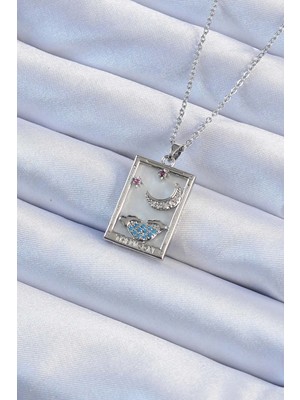 Inure Jewelry 316L Çelik Zincir Gümüş Renk Zirkon Taşlı Ay Figürlü Tarot Kolye