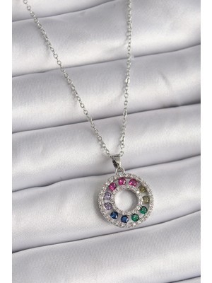 Inure Jewelry 316L Çelik Gümüş Renk Zincir Renkli Zirkon Taşlı Madalyon Model Kadın Kolye