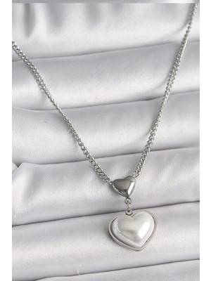 Inure Jewelry 316L Çelik Gümüş Renk Zincir 3D Kalp Model Kadın Kolye