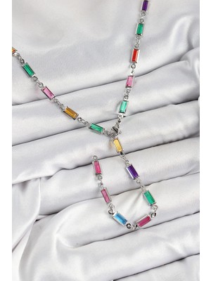 Inure Jewelry Pirinç Renkli Zirkon Taşlı Dikdörtgen Model Gümüş Renk Kadın Y Kolye