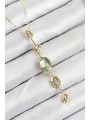 Inure Jewelry Pirinç Zincir Yeşil Gold Renk Zirkon Taşlı Y Kolye