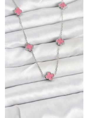 Inure Jewelry 316L Çelik Zincir Gümüş Renk Pembe Baby Boy Yonca Kadın Kolye