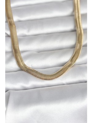 Inure Jewelry CM 14K Gold Renk Kalın Yassı Yılan Zincir Model 45 cm Kadın Kolye