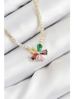 Inure Jewelry Pirinç Zirkon Taşlı Su Yolu Asorti Çiçek Model Gold Renk Kadın Kolye