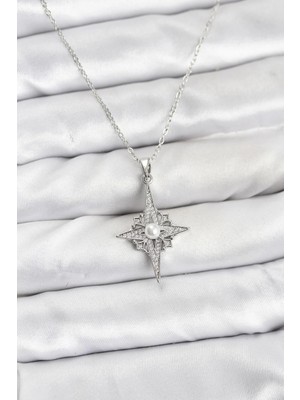 Inure Jewelry 316L Çelik Zincir Gümüş Renk Kutup Yıldızı Model Zirkon Taşlı Kadın Kolye