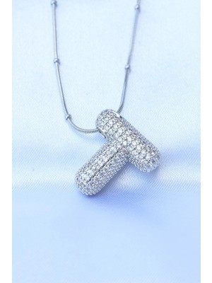 Inure Jewelry 316L Çelik Zincirli Zirkon Taşlı T Harfli Gümüş Renk Bubble Kolye