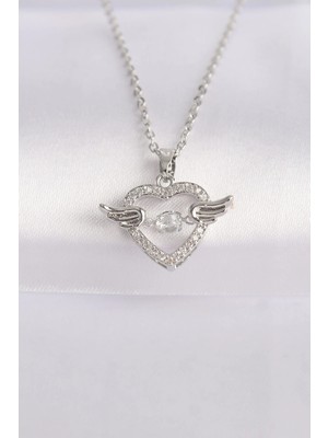 Inure Jewelry 316L Çelik Zincir Gümüş Renk Zirkon Taşlı Kanatlı Kalp Kolye