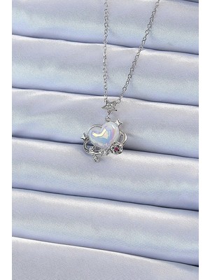 Inure Jewelry 316L Çelik Zincir Gümüş Renk Zirkon Taşlı Gezegen Görünümlü Kalp Kolye