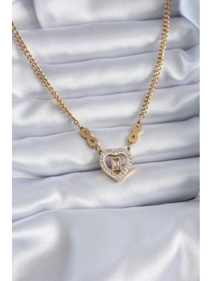 Inure Jewelry 316L Çelik Gold Renk Zirkon Taşlı Kalp Model Sonsuzluk Detay Kadın Kolye