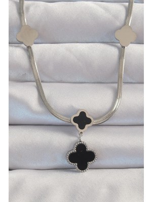 Inure Jewelry 316L Çelik Gümüş Renk İtalyan Zincirli Mineli Yonca Kolye