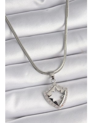 Inure Jewelry 316L Çelik Gümüş Renk İtalyan Zincir Zirkon Taşlı Kutup Yıldızı İşleme Model Kadın Kolye