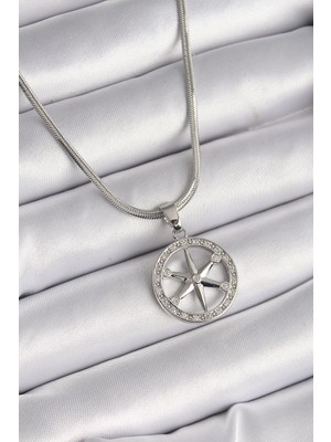 Inure Jewelry 316L Çelik Gümüş Renk İtalyan Zincir Zirkon Taşlı Kutup Yıldız Model Kadın Kolye