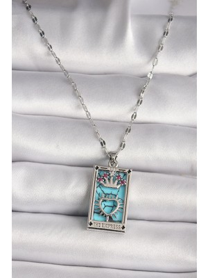 Inure Jewelry 316L Çelik Gümüş Renk Pembe Zirkon Taşlı Taç Kalp Portre Model Kadın Kole