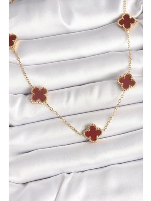 Inure Jewelry 316L Çelik Gold Renk Zincir Bordo Yonca Model Kadın Kolye