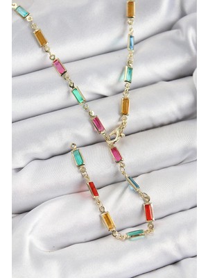 Inure Jewelry Pirinç Renkli Zirkon Taşlı Dikdörtgen Model Gold Renk Kadın Y Kolye