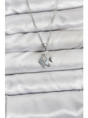 Inure Jewelry 316L Çelik Zincir Gümüş Renk Balık Model Zirkon Taşlı Kadın Kolye