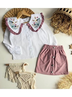 Kız Çocuk Pudra ve Siyah Çiçek Nakışlı Kadife Etekli Bayramlık Takım Elbise