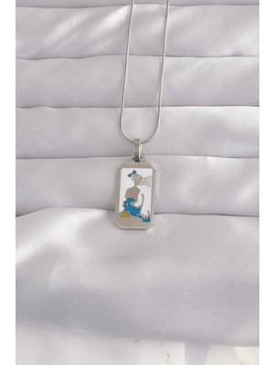 Inure Jewelry 316L Çelik Gümüş Renk Beyaz Mineli Kız Figür Tarot Kolye