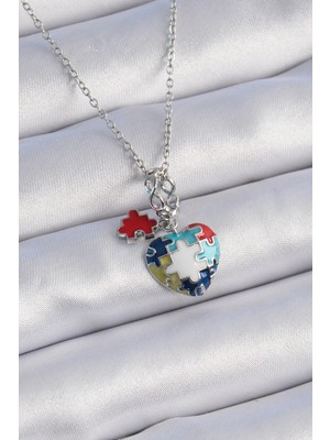 Inure Jewelry 316L Çelik Gümüş Renk Yapboz Motif Kalp Figür Charm Model Kadın Kolye