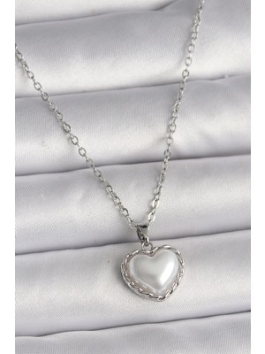 Inure Jewelry 316L Çelik Gümüş Renk Zincir 3D İnci Kalp Model Kadın Kolye