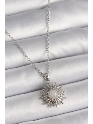 Inure Jewelry 316L Çelik Gümüş Renk Zincir Beyaz Mineli Güneş Model Kadın Kolye
