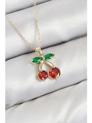 Inure Jewelry Pirinç Zirkon Taşlı Kiraz Model Gold Renk Kadın Kolye